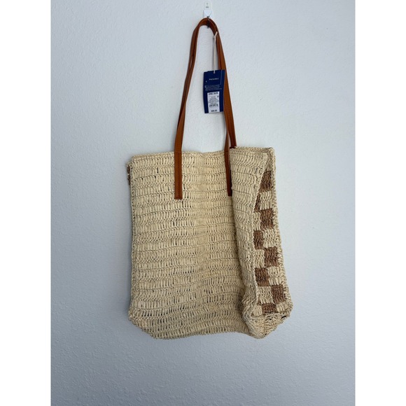 Universal Thread Handbags - Universal Thread Packable Straw Tote Bag Beige Brown Checkerboard Ethically Made